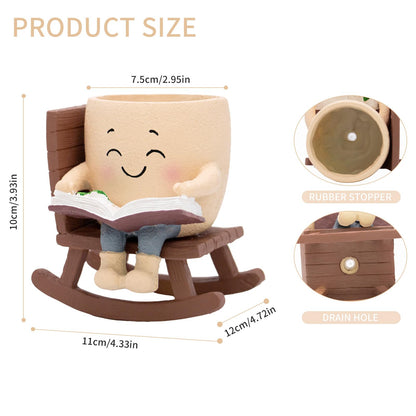 Toparad Smily Face Rocking Chair Reading Book Planter Pots with Drainage Hole, Cute Resin Flower Head Succulent Planters for Indoor Plants, Gift IdeaI for Mother Birthday Christmas