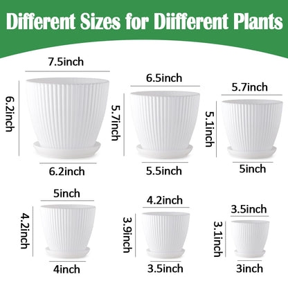 RooTrimmer 7.5/6.5/5.5/4.9/4.2/3.5 Inch Plant Pots with Drainage Holes and Saucer, Plastic Flower Pots for Indoor Plants, Lightweight Planter Pots for Plants, White