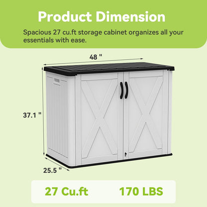 Devoko 26 Cu Ft Plastic Outdoor Storage Shed, Horizontal Resin Storage Cabinet with Lockable Door, Water-Resistant Backyard Storage Box for Garden Patio, White, Shelf Not Included