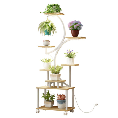 AJLDN Plant Stands Shelf Indoor with Grow Lights - 62in Tall 8 Tiered Plant Holder, S-Shaped Corner Shelf for Living Room, Large Flower Stand for Indoor Plants,Natural