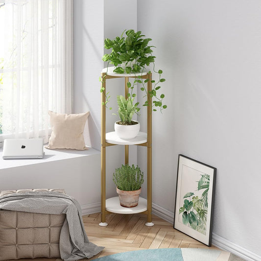YIZAIJIA Plant Stand Indoor Outdoor 2 Tier Tall Metal Corner Storage Tiered Plant Shelf Holder Multiple for Living Room Balcony Garden,Black (3 Tier-Gold Round)