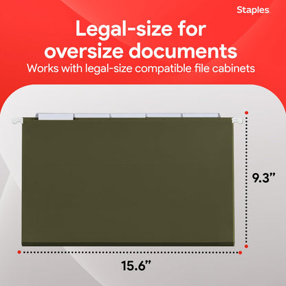 Staples Hanging File Folders, Legal Size, 1/5‑Cut Tabs, Standard Green, Includes Tabs & Paper Inserts – 50/Pack