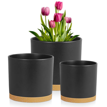 Meowell 8/7/6 inch Flower Pots, 3 Pack Cylinder Plant Pots for Outdoor Indoor Plants, Decorative Plastic Planters with Drainage Holes and Saucers for Garden House Plants, Black with Brown