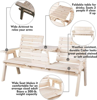 FORTUNO Cedar/Fir Log Wood Patio Garden Bench with Foldable Table, Outdoor Wooden Porch 3-Seat Bench Chair for Garden Balcony Patio Backyard, Natural Finish