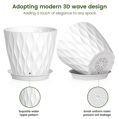 Meowell 7 inch Plant Pots for Indoor Outdoor Plants, 5 Pack Thick Nursery Pots with Drainage Holes and Saucers, 3D Modern Wave Texture Plastic Planter Pots for Flowers and House Plants, White