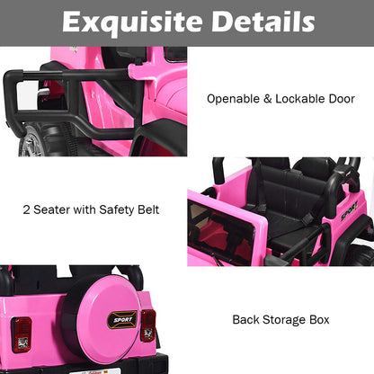 Costzon 2-Seater Ride on Truck, 12V Battery Powered Electric Vehicle Toy w/Storage, Remote Control, 3 Speed, LED Lights, MP3, Horn, Music, 2 Doors Open, Spring Suspension, Ride on Car for Kids (Pink)