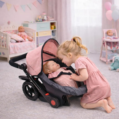 Baby Doll Convertible Travel Stroller for Girls Toddler Play Toy Car Seat Two in One Foldable Carriage for Kids with Diaper Bag Pretend Play Stroller for Doll