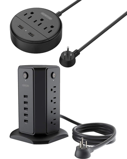 NTONPOWER Desktop Power Strip and Tower Power Strip with USB Bundle, Black Extension Cord for Home, Office, Dorm Essential