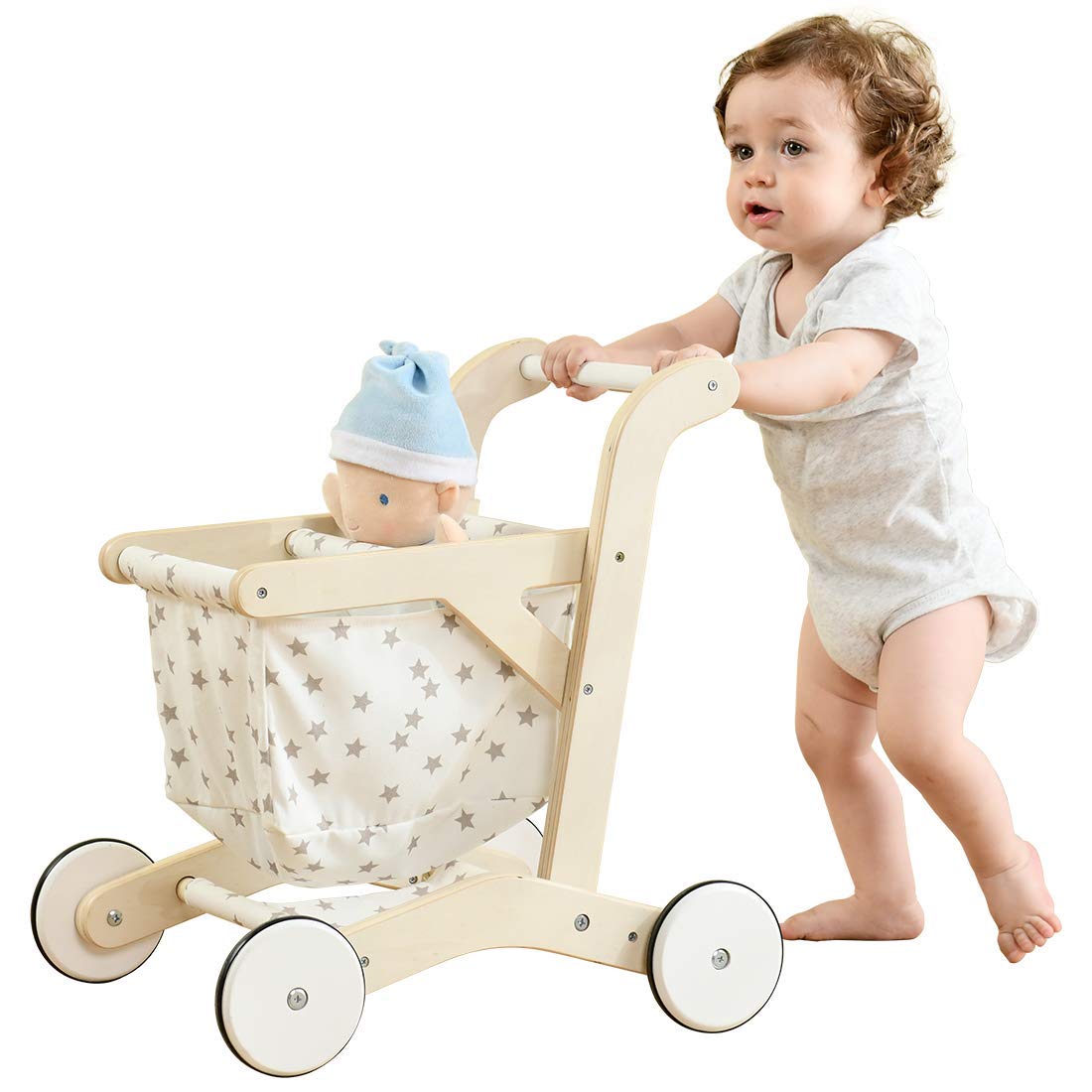 labebe Baby Push Walker Doll Stroller, Push Toy for Toddler, Shopping Cart for Girls and Boys 1 Years Old, Kids Stand Learning Walker, Wooden Play Wagon with Wheel, Larger Size 15.2 * 18.7 * 19.7