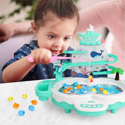 Magnetic Baby Fishing Toy Set, 3 in 1 Fishing Game for Toddlers & Kids with Slideway & Music Story, 10 Fish, 3 Dolphins, 2 Fishing Poles, Learning Educational Sound Effect Toys (Green1)