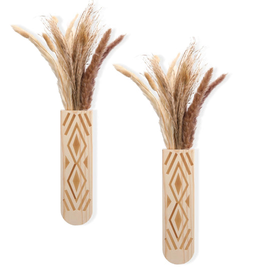 AceOrbit 2 Pack Wooden Wall Planter Wooden Vase Set with Dried Reed Flowers Boho Wall Decor Indoor Farmhouse Decor for Entryways Hallways Bathrooms Living Rooms and Dining Rooms(Natural Wood Color)
