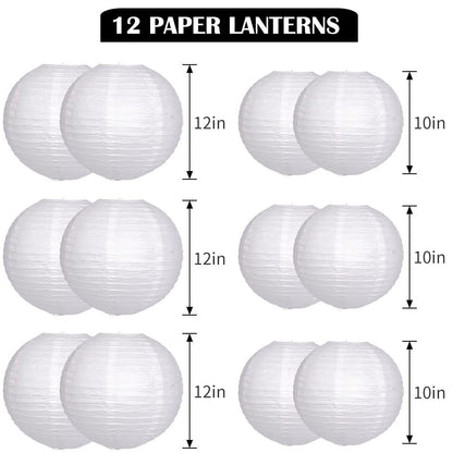 YUNXUAN Paper Lanterns Decorative, White Hanging Round Chinese Lanterns with Lights for Wedding Anniversary Birthday Party 12 LED Light Pack of 12