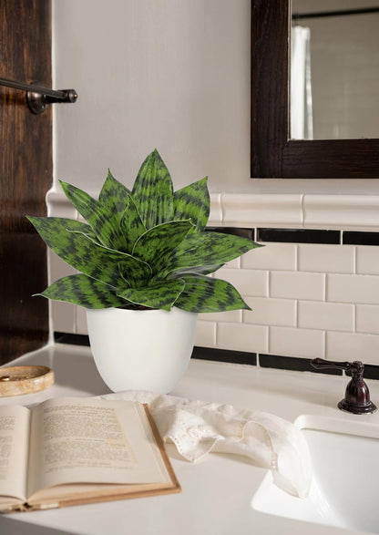 Hollyone Artificial Snake Plants 9" Faux Agave Succulent Plant Potted in White Pot Fake Sansevieria Aloe Tropical Plant for Desk Modern Office Home Bathroom Indoor Outdoor Decor