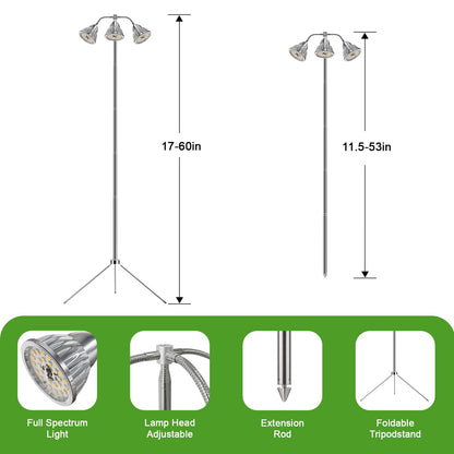 Full Spectrum Grow Light for Indoor Plants with Adjustable Tripod Stand, 11''- 60'' Height Plant Grow Lamp with Auto Timer 3/9/12H, LED Plant Light for Houseplants, Seedlings, Flowers & Indoor Garden