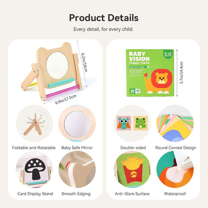 IEATFO Rotating Baby Safe Mirror with 120 Pages Visual Stimulation Cards - Wooden Tummy Time Mirror Toys - Black White Red and Color High Contrast Baby Flashcards for Brain and Cognitive Development