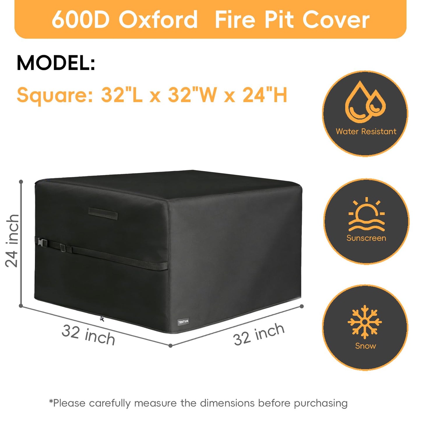 TENTVIA Square Fire Pit Cover 32x32x24 Inch - Heavy-Duty Taped Seam Waterproof, Windproof Drawstring & Buckle Strap, Black