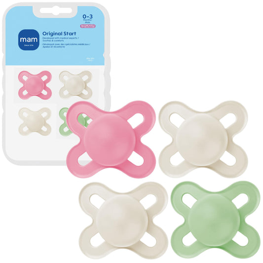 MAM Original Start Baby Pacifiers 0-3 Months, BPA-Free Skin Soft Silicone Nipple, Glows in The Dark, Developed with Medical Experts Specially for Smaller Newborn Mouths, 4 Pk, Made in Europe