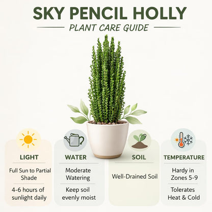 Sky Pencil Holly Live Plant, 4" Pot, 12-18" Tall, Columnar Holly Shrub, Fast Growing Hedge Plant, Ideal for Containers, Entryways or Gardens