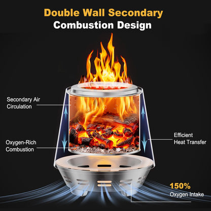FANHAO Smokeless Fire Pit for Camping, Outdoor & Patio, Stainless Steel Tabletop Firepit with Stand, Wood Burning or Pellet Fueled Portable Bonfire with Carrying Bag | 120% More Efficient Burn