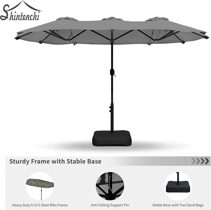 Shintenchi 13FT Large Patio Umbrella with Base Included, Outdoor Double-Sided Rectangular Shade with Crank Handle for Poolside Lawn, Deck & Garden, Gray