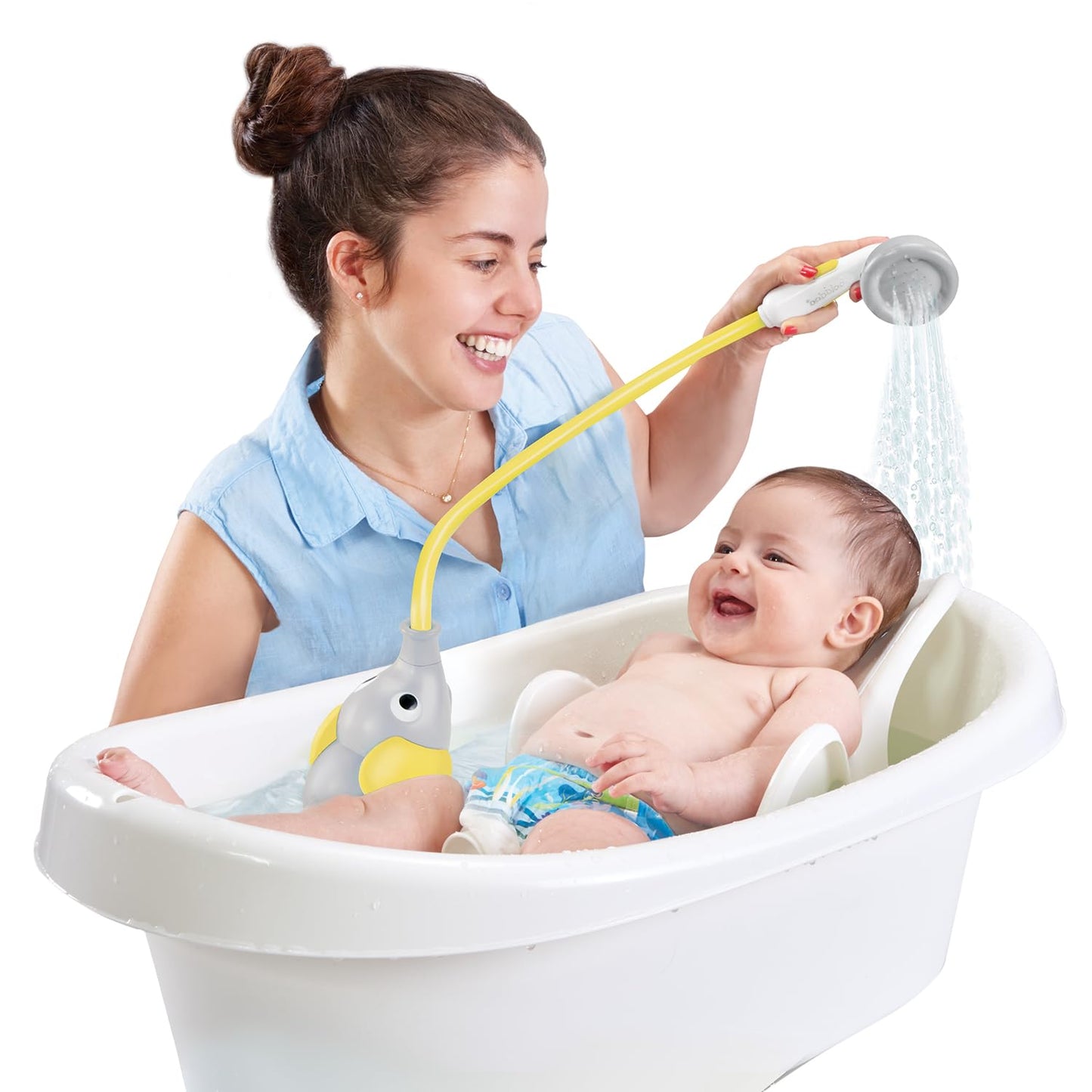 Yookidoo Baby Bath Shower Head - Elephant Water Pump and Trunk Spout Sprayer and Rinser-Control Water Flow from 2 Knobs Baby Bath Time Essentials for Newborn Babies in Tub Or Sink (Yellow)