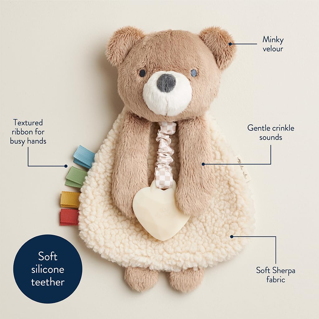 Itzy Ritzy - Itzy Lovey Including Teether - Baby Lovey with Teether, Textured Ribbons & Dangle Arms - Features Crinkle Sound, Sherpa Fabric and Minky Plush (Bear)