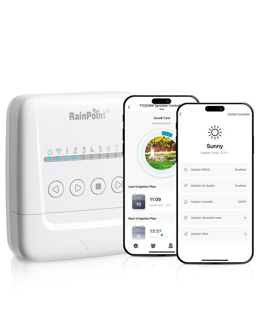 RAINPOINT Smart Sprinkler Controller, WiFi Sprinkler Controller 8 Zone-Local Weather Intelligence, Programmable Smart Irrigation System with APP Remote Control, Rain Skips, Rain Sensor Compatibility