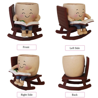 Dolkgy Cute Plant Pots Head Planters, Funny Rocking Chair Reading Book Planter Cactus Face Pot with Drainage Hole for Indoor Outdoor Plants, Unique Plant Lover Gifts