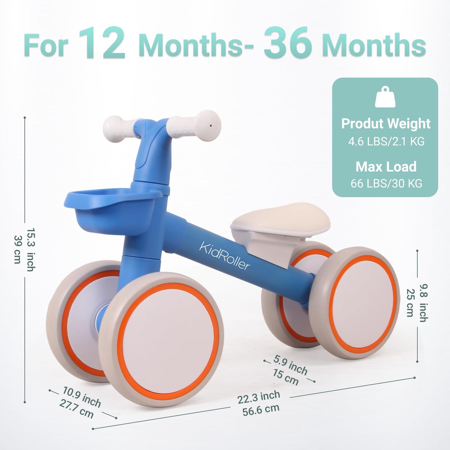 KidRoller Kid's Balance Bikes for 1 Year Old Boys and Girls, 12-36 Months Toddler Ride-on with Adjustable Seat and a Front Basket, First Birthday Gifts Sky Blue