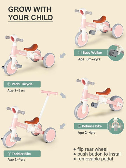 LOL-FUN Tricycle for Toddlers 1-3 Years Old Riding Toy, 5 in 1 Baby Balance Bike 2 Year Old Boys Girls with Parent Steering Push Handle
