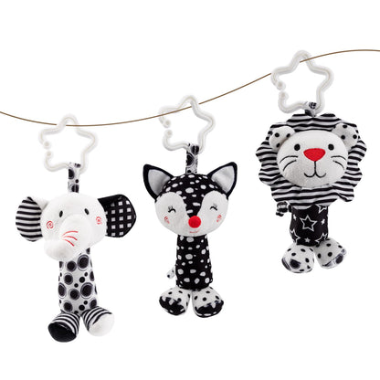 JINBOBUBU Black & White Baby Wind Chime Hanging Toys - High Contrast Rattles for Newborns 0-12 Months, Stroller & Car Seat Mobile, Hanging Rattle Toys for Babies, Clip Hanging Plush Squeeze Toys