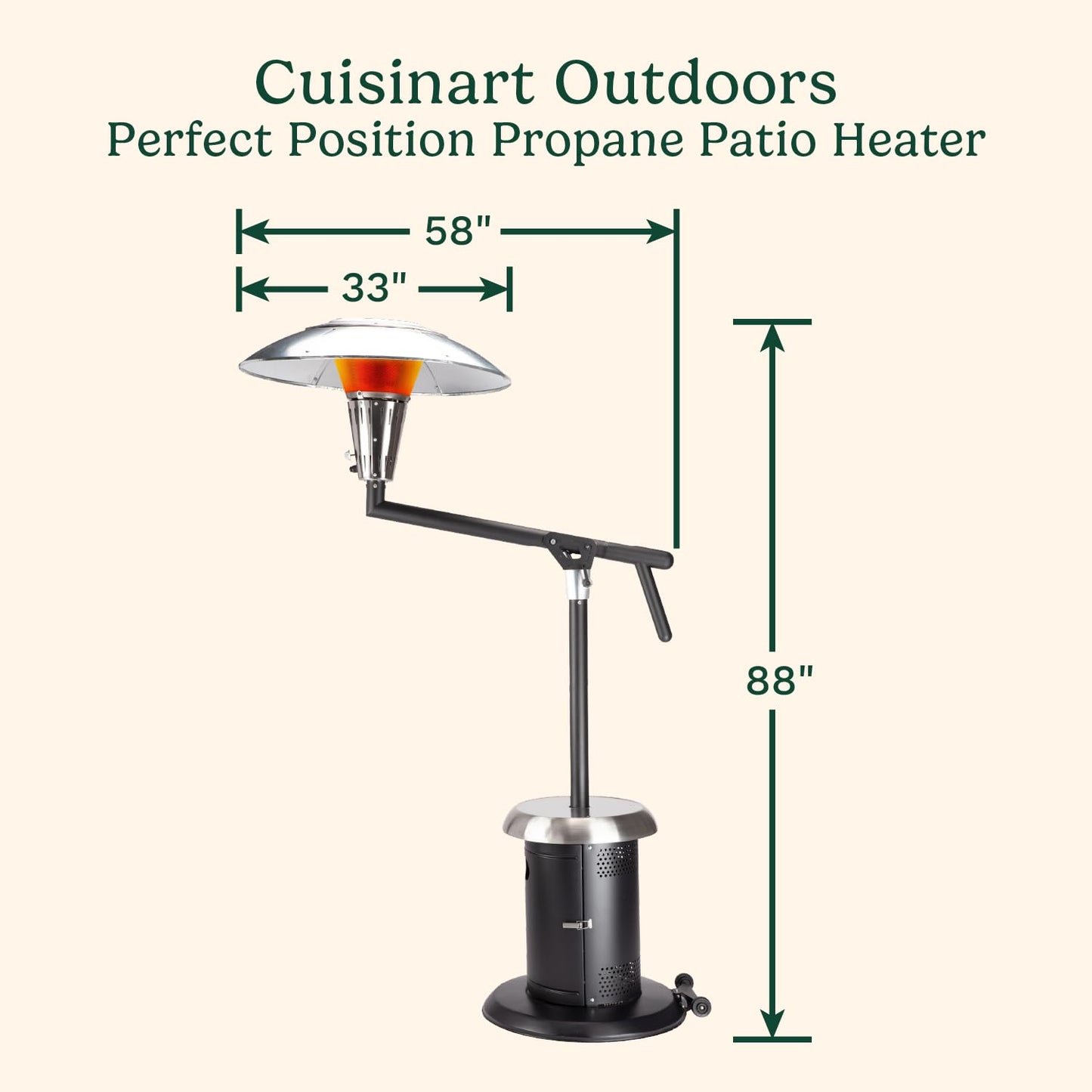 Cuisinart Perfect Position Propane Patio Heater, 38,200 BTU Powerful Directional Stainless Steel Outdoor Heater with Hidden Tank and Drink Table, Swivel Arm and Reflective Heat Shield