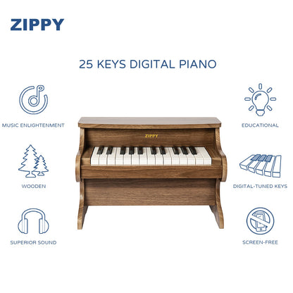 ZIPPY Kids Piano Keyboard, 25 Keys Digital Piano for Kids, Mini Music Educational Instrument Toy, Wood Toy for Toddlers Girls Boys (Walnut)