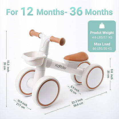 KidRoller Kid's Balance Bikes for 1 Year Old Boys and Girls, 12-24 Months Toddler Ride-on with Adjustable Seat and a Front Basket, First Birthday Gifts (White)