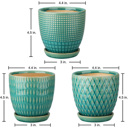 Oairse 4 inches Ceramic Planters Pots for Indoor Plants 3 Set of Small Round Flower Pots with Drainage Hole and Ceramic Tray Modern Planters Set for Succulents Cactus Garden Home Windowsill Table