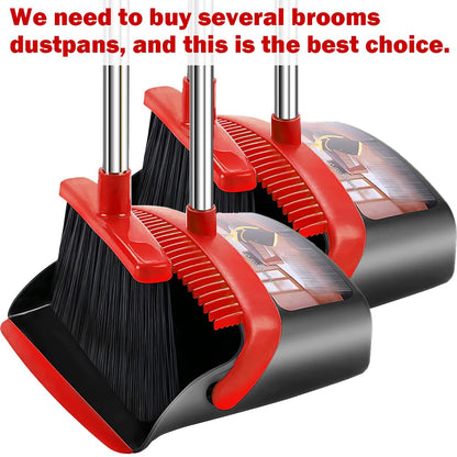 2-Pack is More economical,Brooms with Dustpan Combo Set， with 52" Long Handle, Dustpan Teeth with self-Cleaning Function, Indoor and Outdoor Sweeping, Perfect for Home Office (Large/Red /2-Pack)