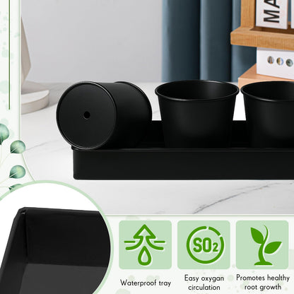 FoldTier 2 Sets Herb Garden Planter Indoor Kit with Trey 10 Pcs Metal Windowsill Plant Pots with Drainage Holes Indoor Herb Planter with Marker and Labels for Home Outdoor Plants (Black)