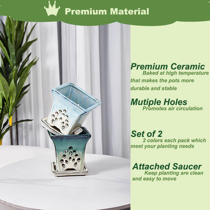 Ceramic Orchid Pots with Holes attached Saucers 4.8 Inches - Set of 2 Small Square Orchid Pots for Repotting, Decorative Ceramic Orchid Planter with Hole for Healthy Root Growth Green Blue Mixed