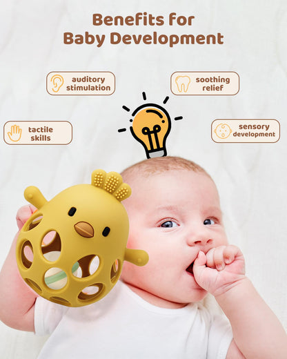 ChooKaChoo 2-in-1 Baby Teething Rattle Toy, Sensory Grasping Teether for Infants 3-12 Months, 100% Food-Grade Silicone, Easy to Hold, Soothing & Developmental, BPA Free