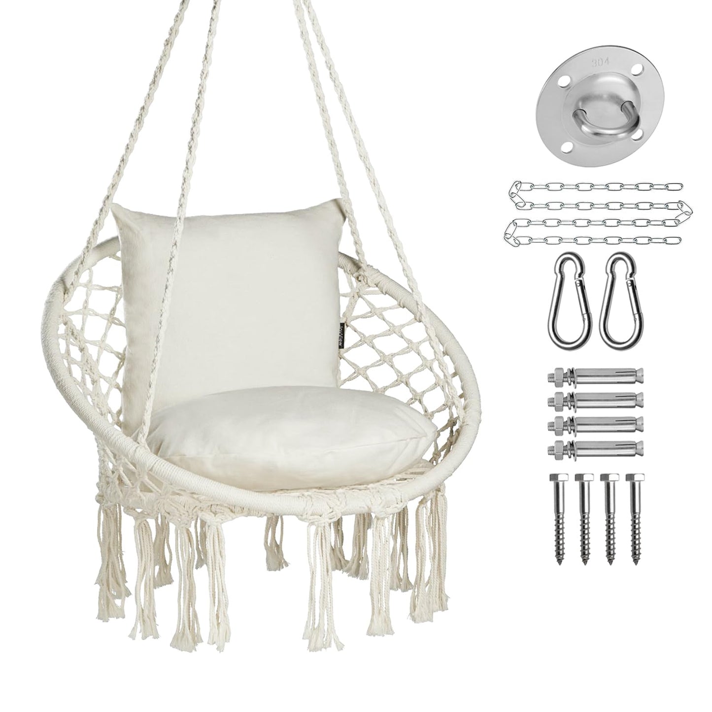 JoyView Macrame Hammock Chair Hanging Swing Chair Max 330 Lbs with 2 Cushions and Hardware Kits for Indoor Outdoor Bedroom Patio Garden - Beige