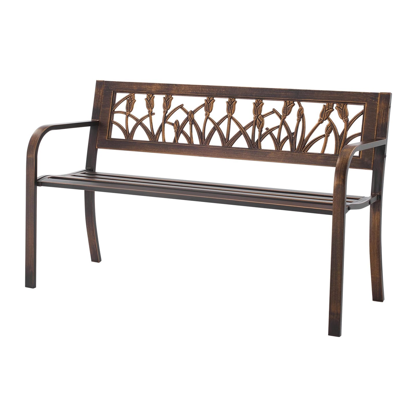 VEVOR Outdoor Bench, 50 inch, Carbon Steel Metal Frame with PVC Floral Pattern Backrest and Round Edge Armrests, Weatherproof Outside Bench for Patio, Garden, Park, Yard, Front Porch, Antique Bronze