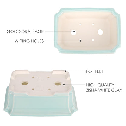 Set of 2 Zisha White Clay Bonsai Pot Glazed Shallow Succulent Planter Light Green