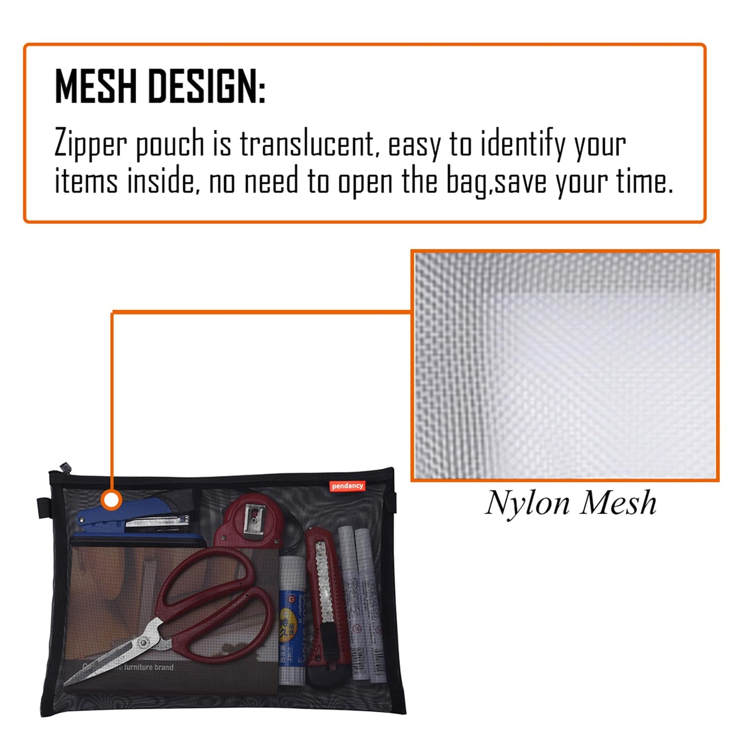 Pendancy Mesh Zipper Pouch 5pcs Lightweight Nylon File Folders Document Organizer Cosmetic Bags Accessories Storage for Travel and Office Supplies (Black, A4 A5 A6)