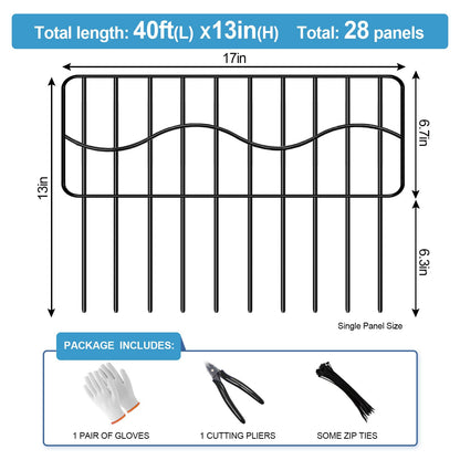 40ft(L) x 13in(H) Garden Animal Barrier Fence, 28panels No Dig Fences, Small Dog Fence Barrier, Animal Barrier Rabbit Fencing Rustproof Metal Decorative Border for Outdoor Garden