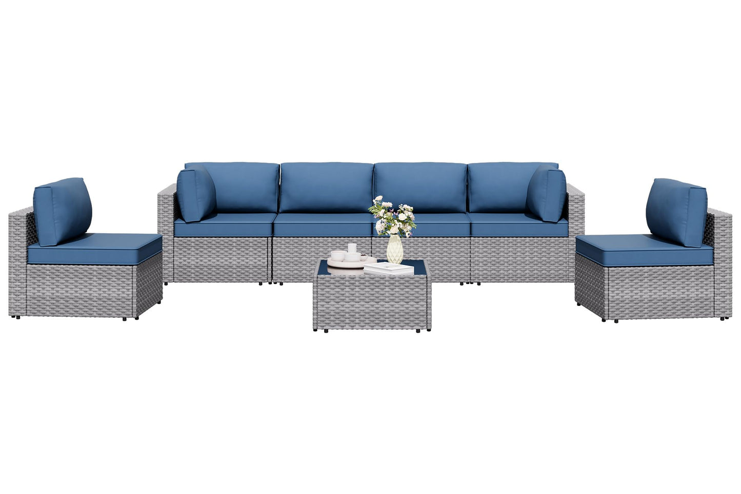 Shintenchi 7 Pieces Outdoor Patio Furniture Sets, Patio Sectional Sofa Couch, Silver Gray PE Wicker Furniture Modular Patio Conversation Sets Patio Sofa with Washable Cushions (Aegean Blue)