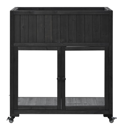 Merax 35.4''x17.7''x37.4'' Raised Garden Bed, Compact 2 Doors Garden Greenhouse with Wheels, Mini Wood Cold Frame Planter Box Stand for Backyard, Patio, Balcony w/Bed Liner,Black