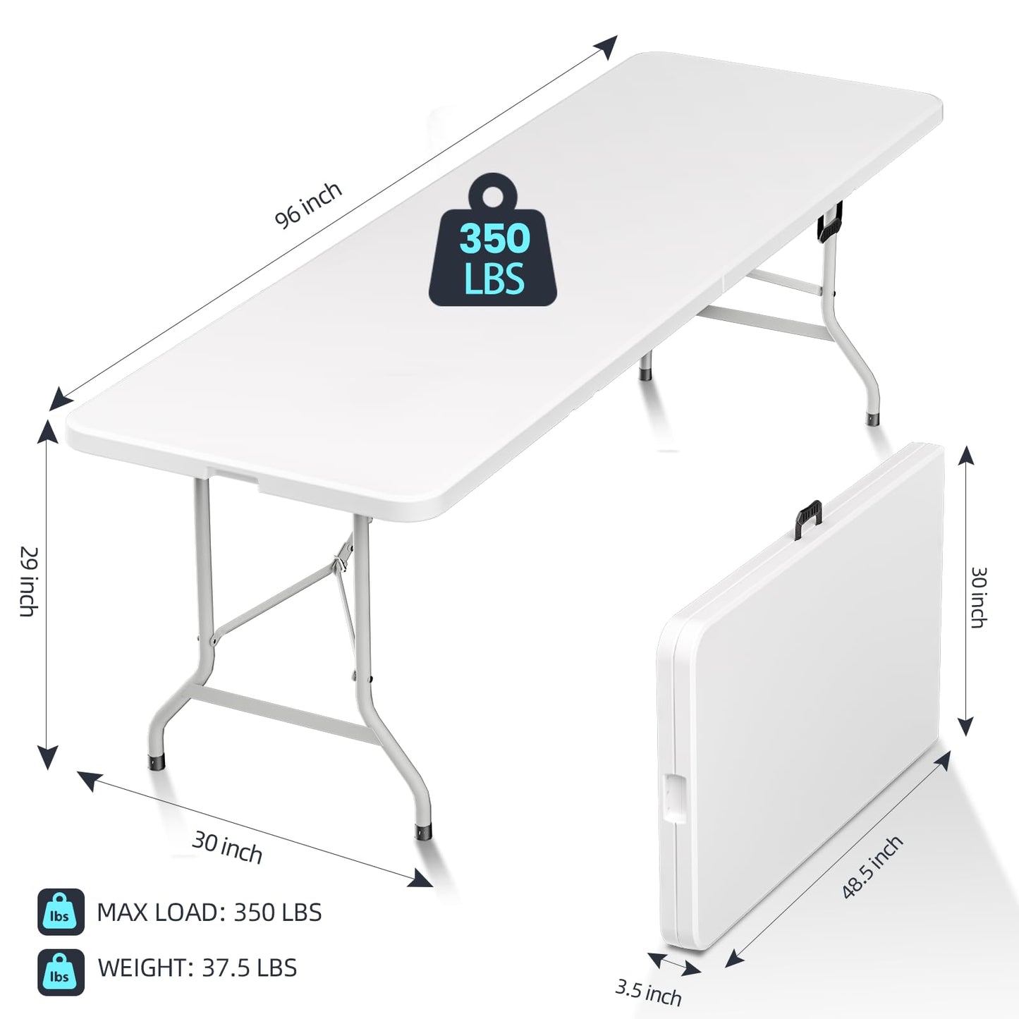HLPB Folding Table Picnic Table, 8 ft Portable Camping Table with Handle and Safety Locks, Foldable Table Plastic Dining Table Indoor Outdoor for Camping, Picnic and Party