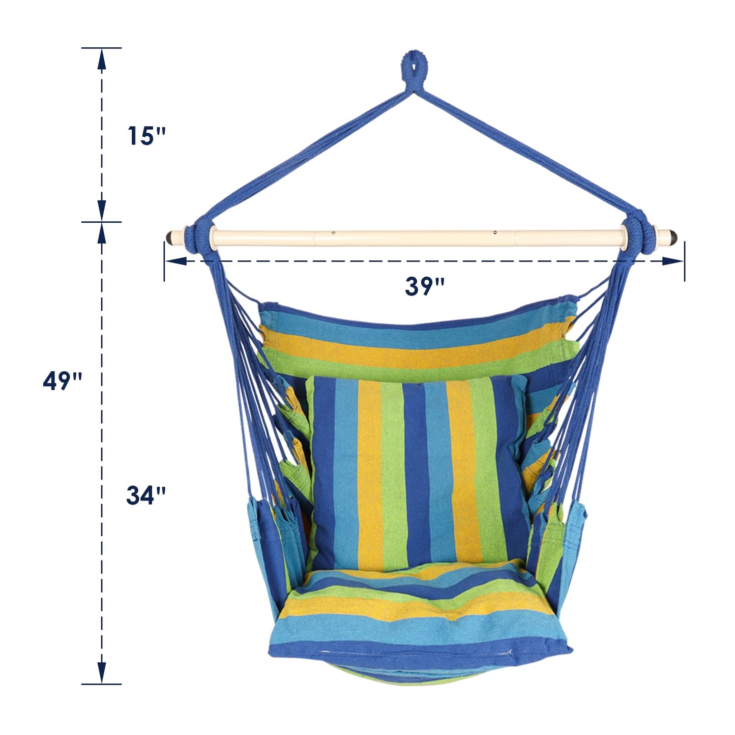 Highwild Hammock Chair Hanging Rope Swing - Max 500 Lbs - 2 Cushions Included - Steel Spreader Bar with Anti-Slip Rings - for Any Indoor or Outdoor Spaces (Blue Striped)