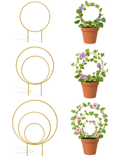 3 Pack Premium Round Plant Trellis Indoor, Small Metal Plant Support Stake for Climbing Plants, Different Sizes Gold Garden Trellis for Ivy and Flowers Outdoor