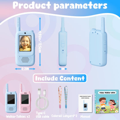 Video Walkie Talkies for Kids, Handheld 2 Pack Rechargeable Video Walkies Talkies, Indoor Outdoor Toys Christmas Birthday Gifts for Age 3-12 Year Old Girls Boys (Blue & Pink)